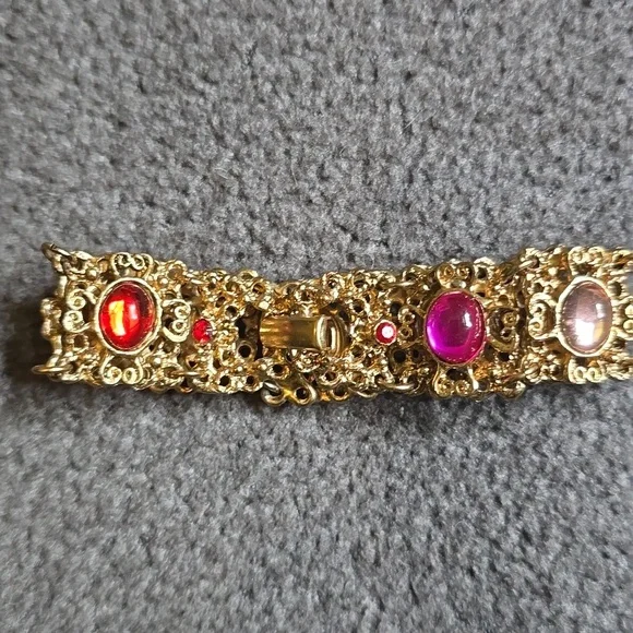 Vintage Gold Tone Ornate Bracelet with Multicolor Stones VGUC - Picture 12 of 14
